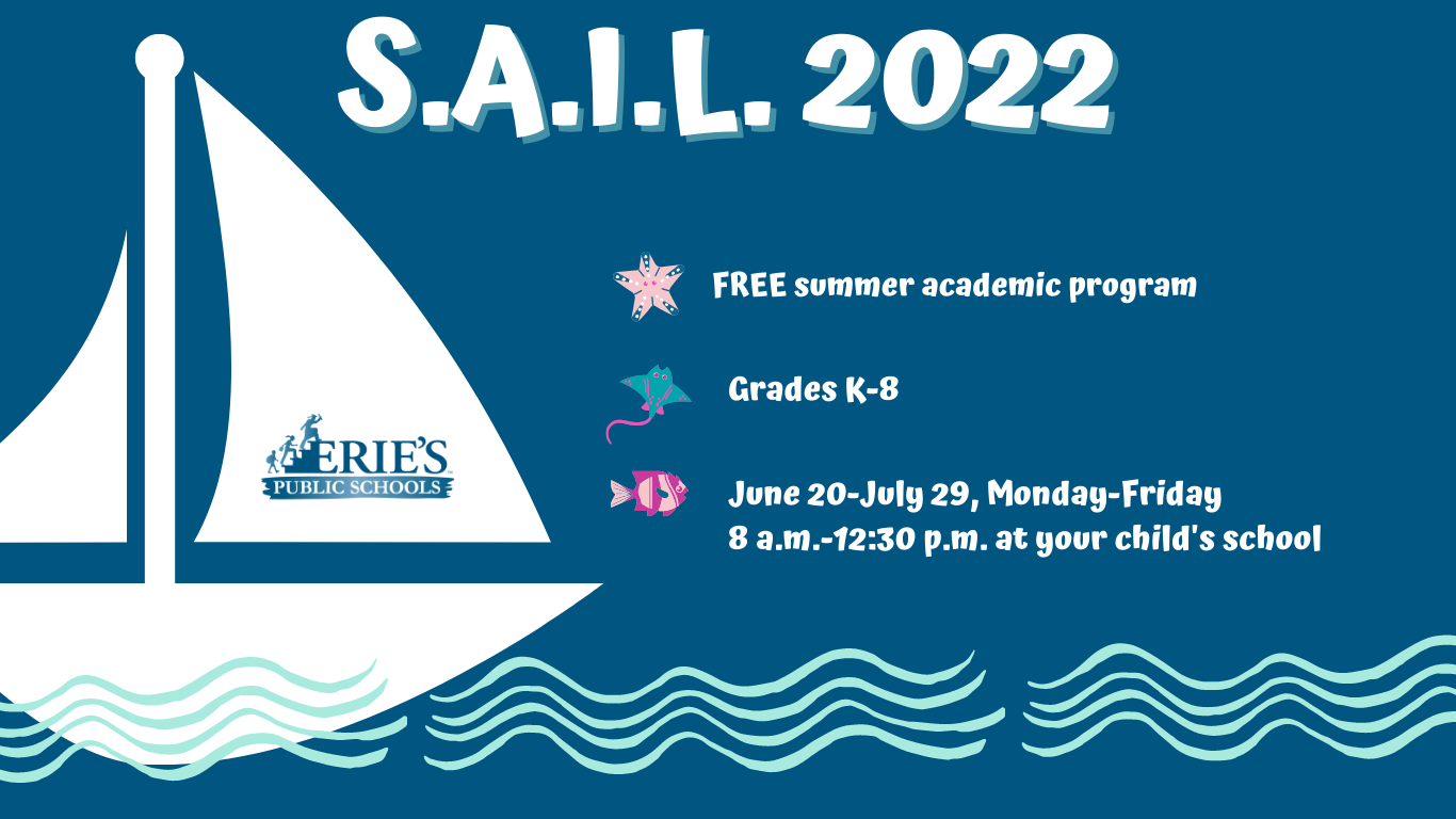 Image promoting the SAIL summer program, shows white sailboat on blue background